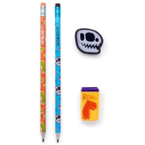 KIT ESCOLAR DINO 2 LÁPIS PRETO+APONTADOR+BORRACHA LEO&LEO